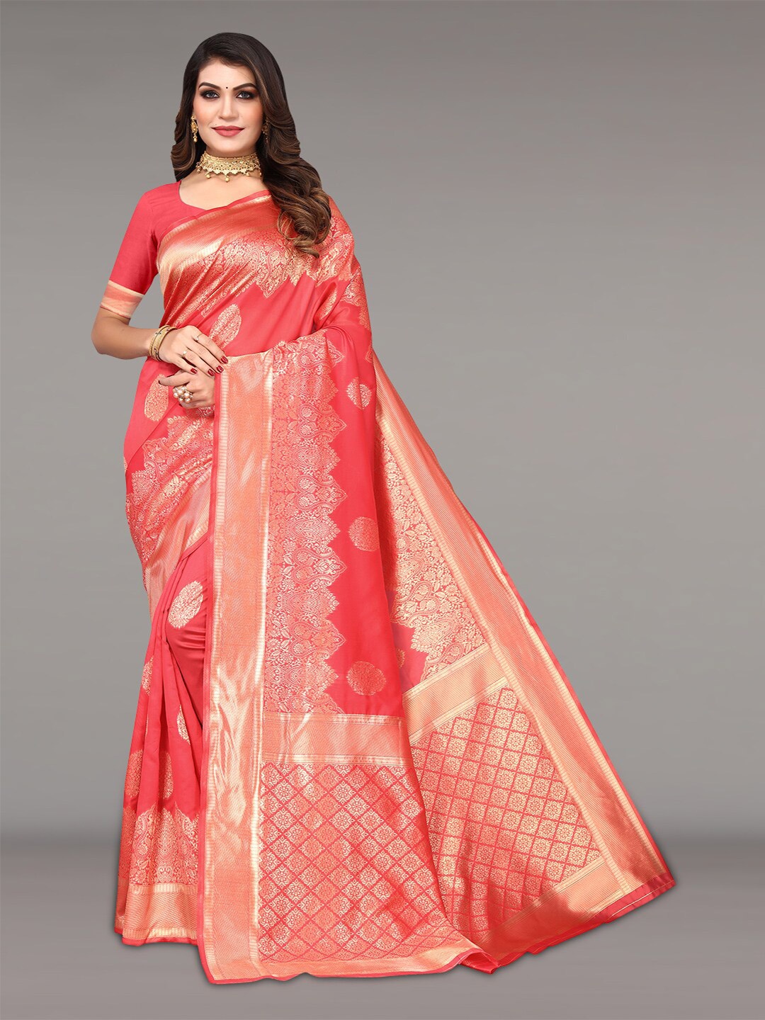 

Pisara Woven Design Zari Silk Cotton Banarasi Saree, Peach