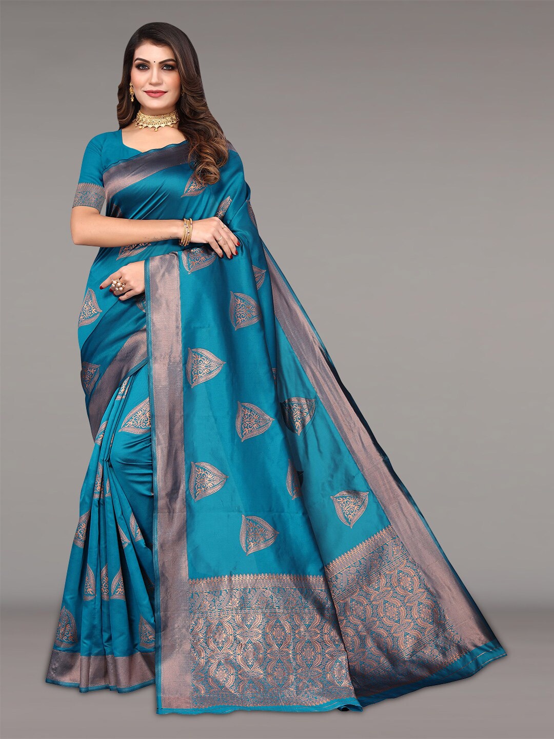 

Pisara Ethnic Motif Woven Design Zari Silk Cotton Banarasi Saree, Teal