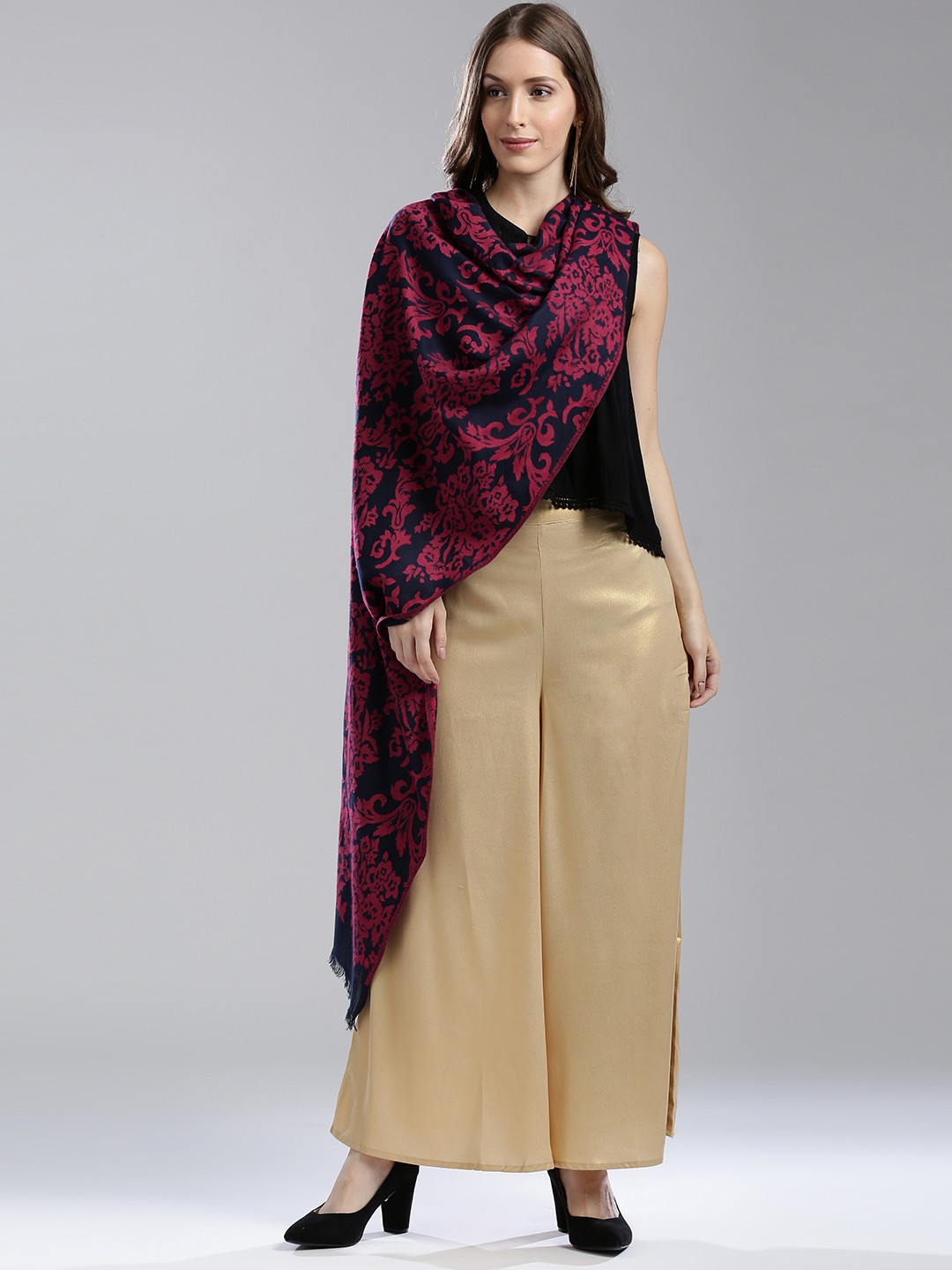 

W Women Navy Blue & Red Woven Design Stole