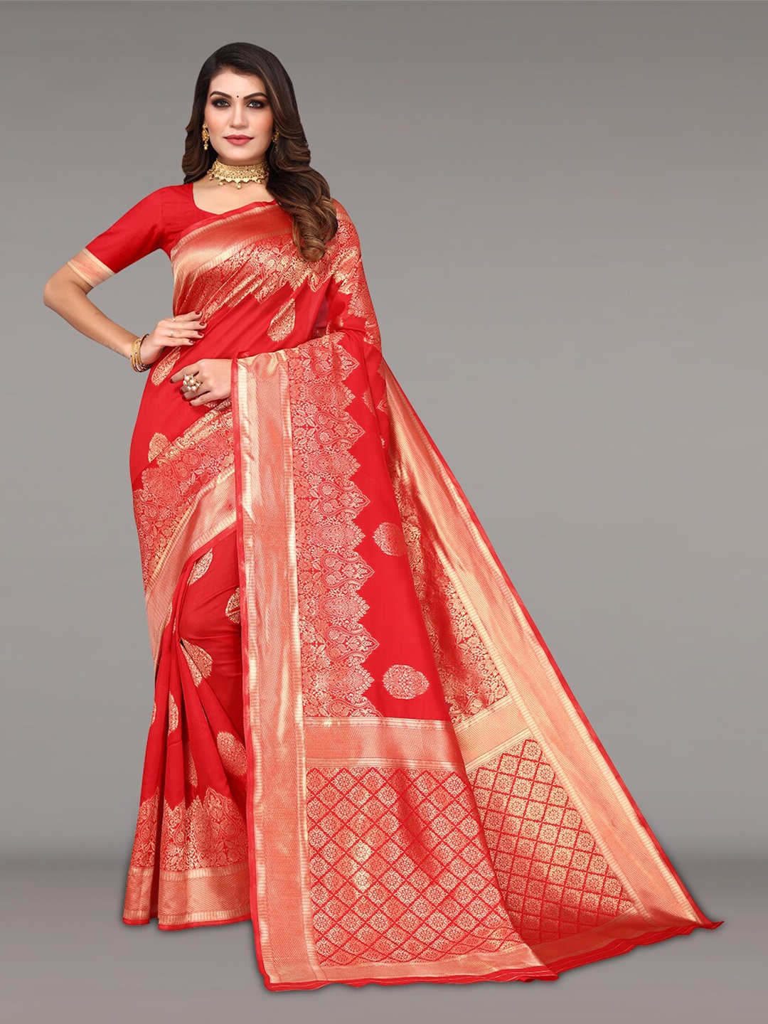 

Pisara Ethnic Motifs Woven Design Zari Silk Cotton Banarasi Saree, Red