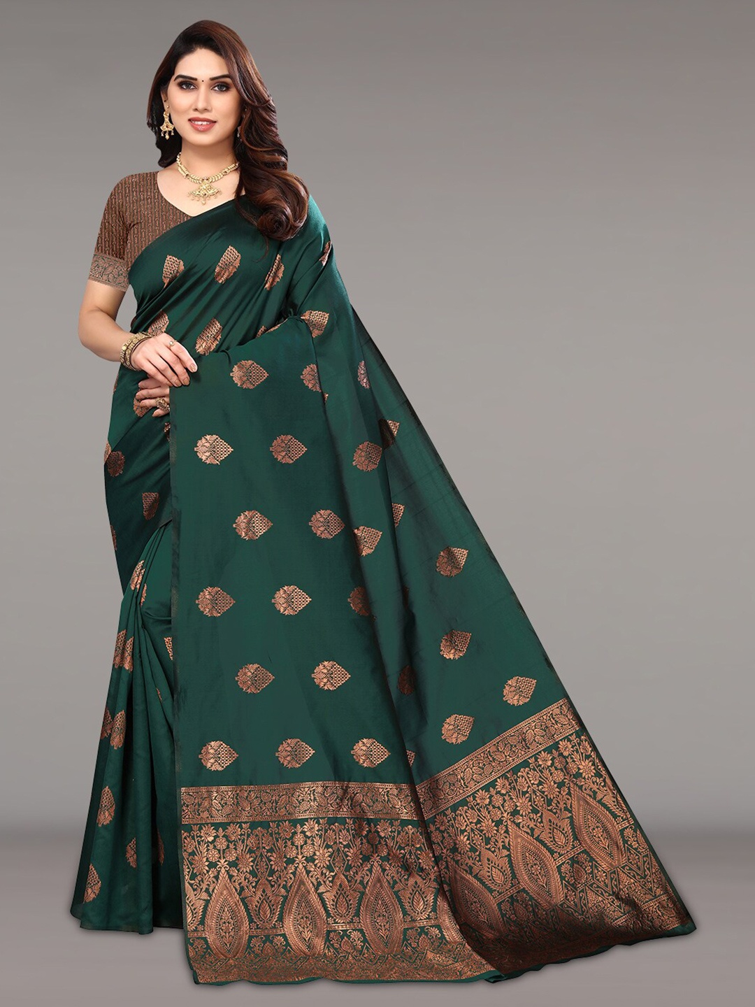 

Pisara Ethnic Motifs Woven Design Zari Silk Cotton Saree, Green