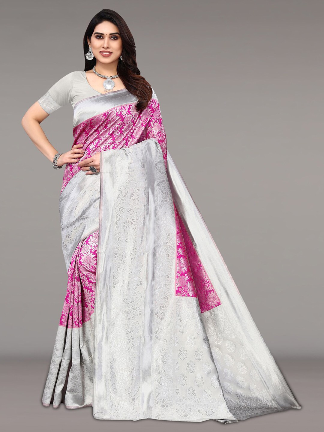 

Pisara Ethnic Motifs Woven Design Zari Silk Cotton Saree, Pink