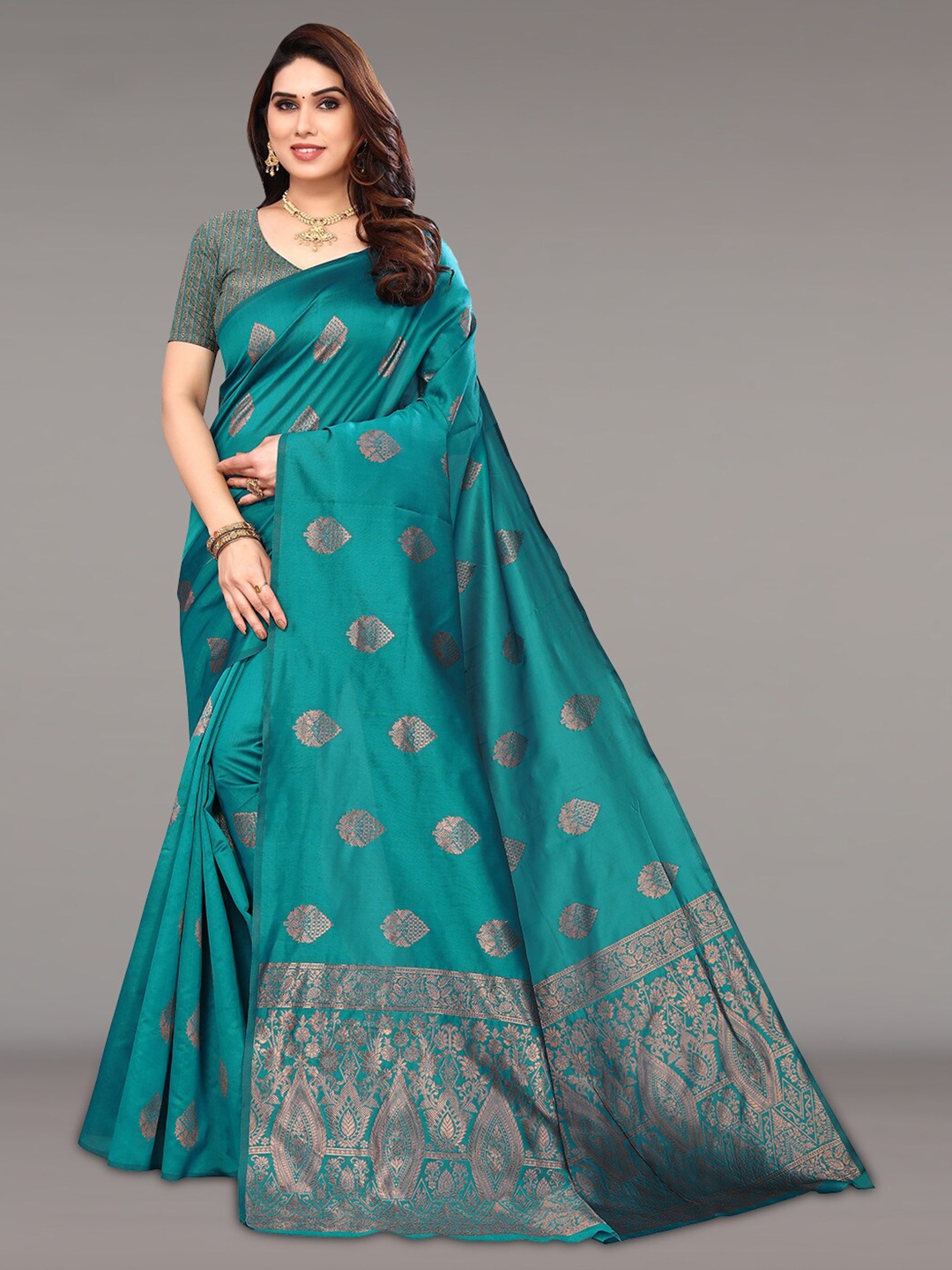 

Pisara Ethnic Motifs Woven Design Zari Silk Cotton Saree, Teal