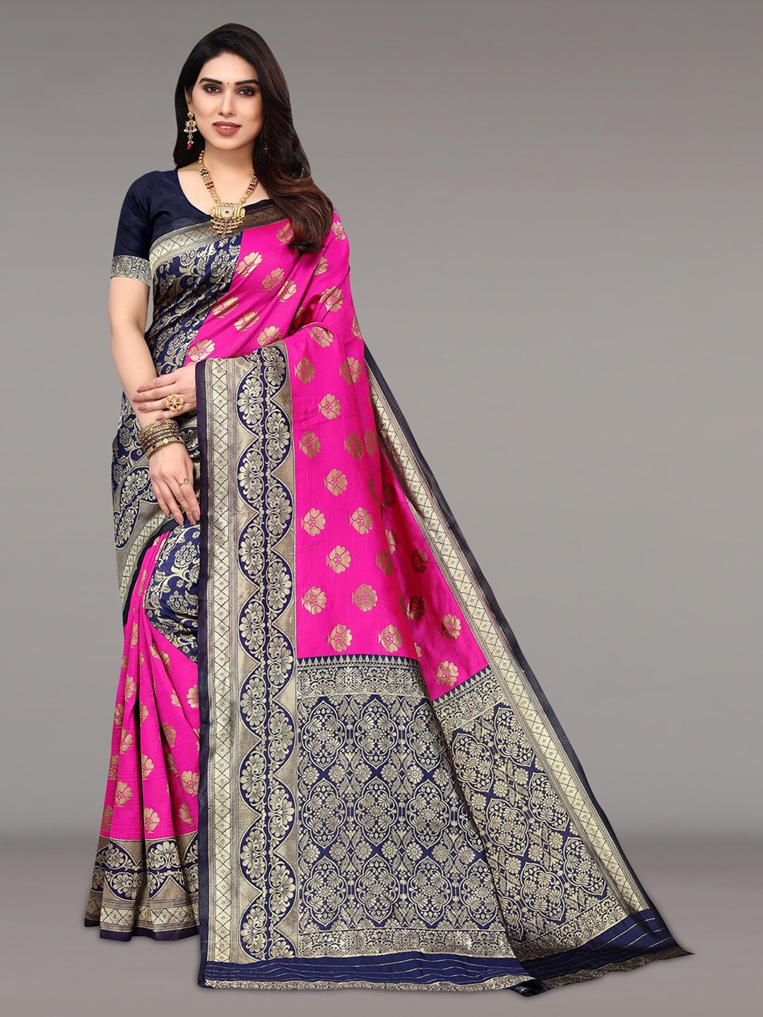 

Pisara Ethinic Motifs Woven Design Zari Silk Cotton Saree, Pink