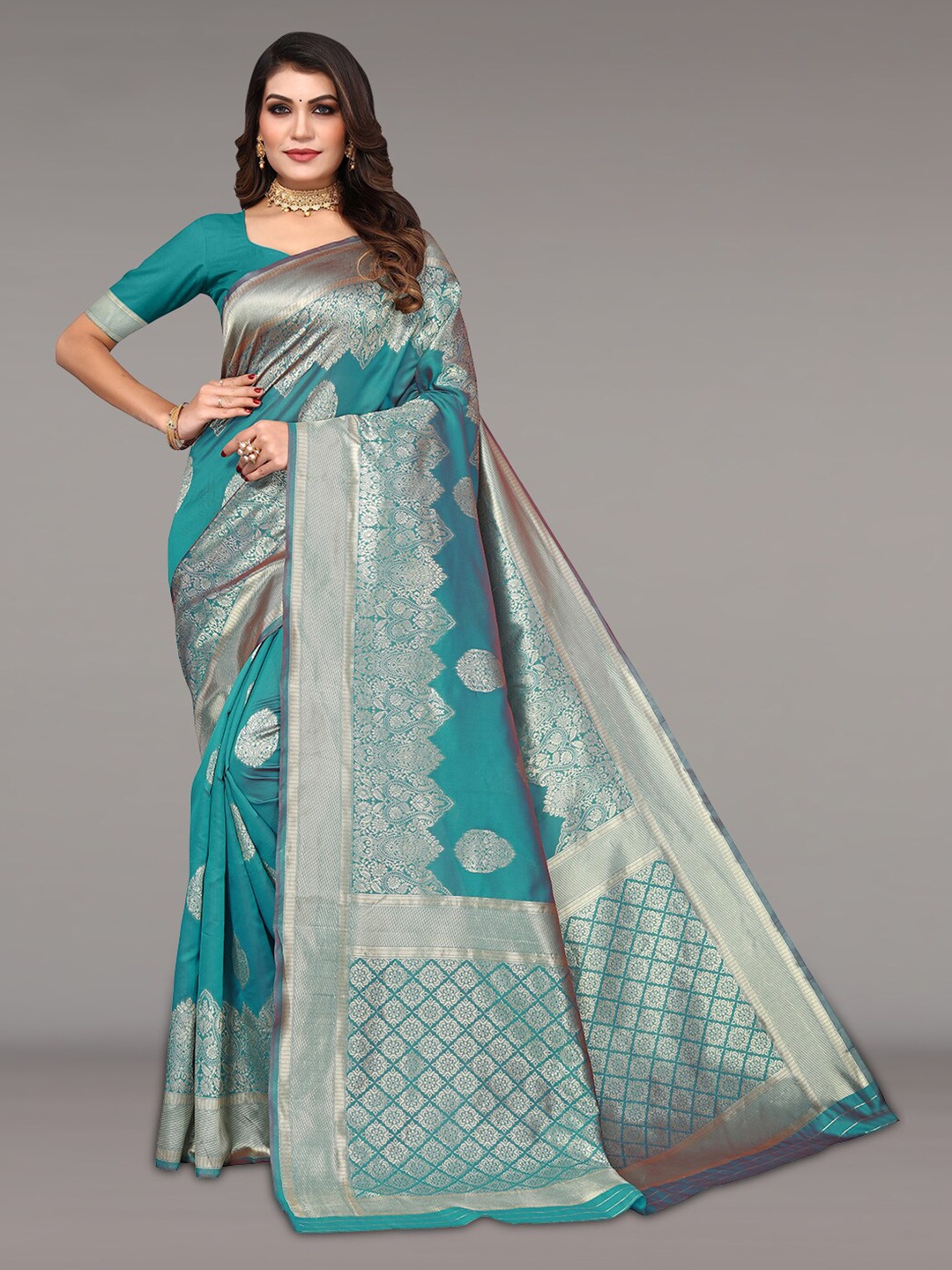 

Pisara Ethinic Motifs Woven Design Zari Silk Cotton Banarasi Saree, Teal