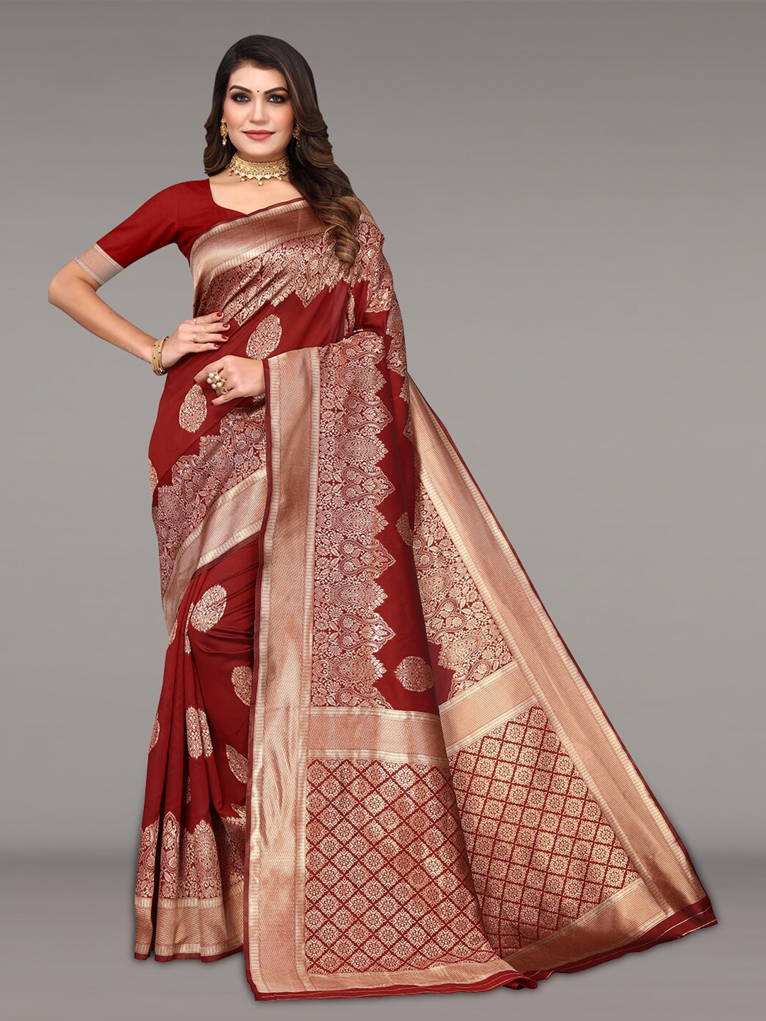 

Pisara Ethinic Motifs Woven Design Zari Silk Cotton Banarasi Saree, Maroon