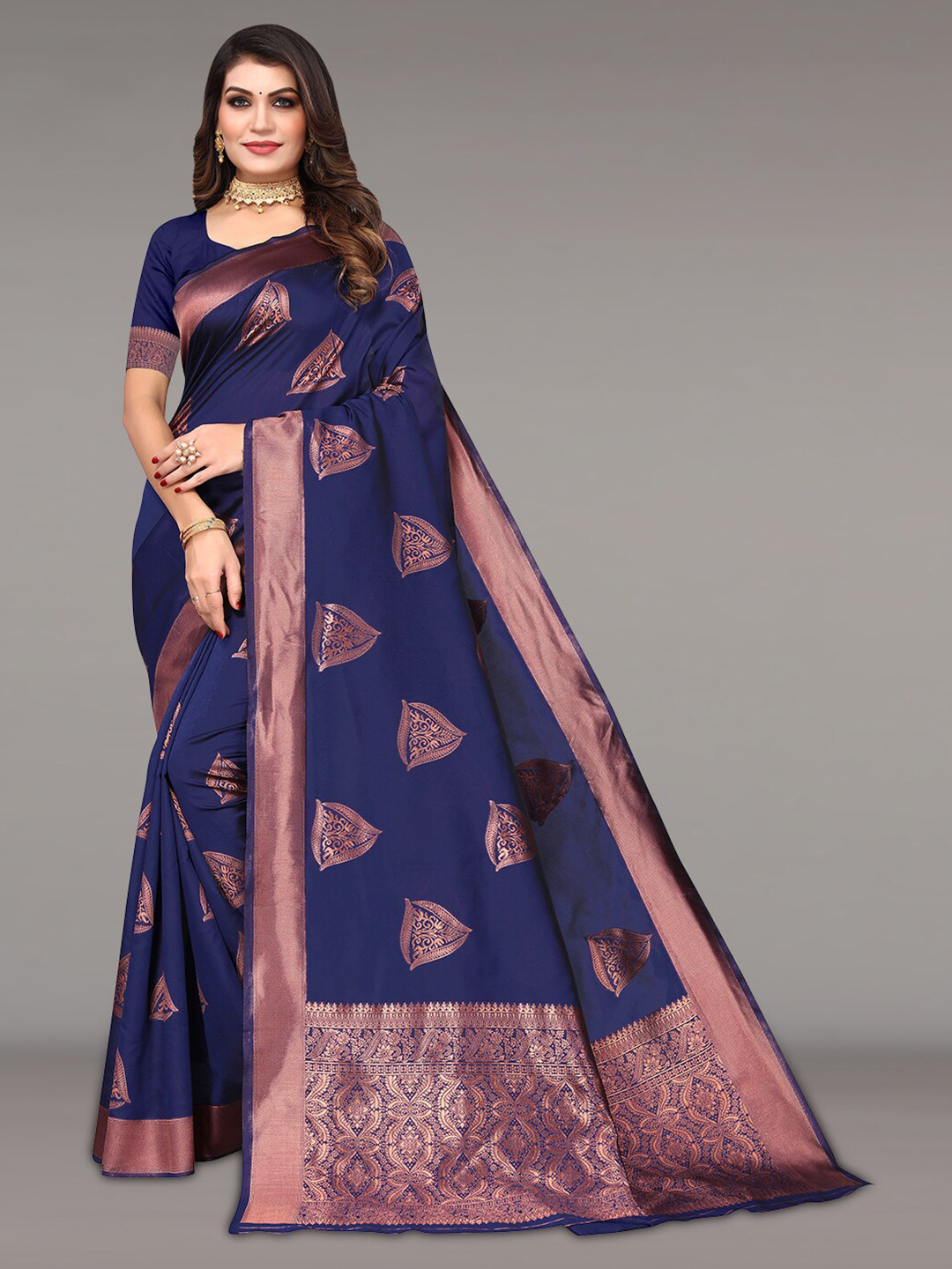 

Pisara Ethinic Motifs Woven Design Zari Silk Cotton Banarasi Saree, Navy blue