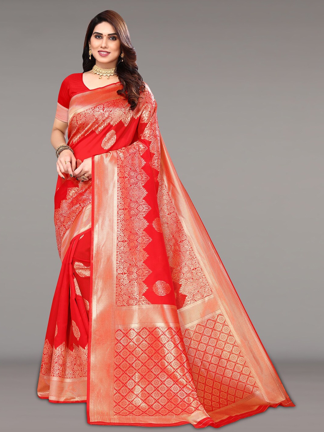 

Pisara Ethnic Motif Zari Silk Cotton Banarasi Saree, Red