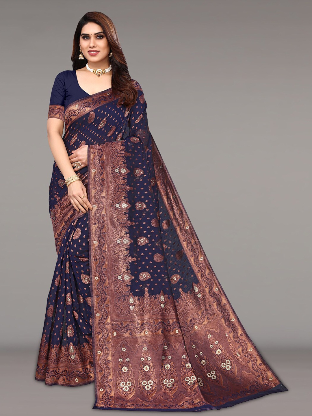 

Pisara Ethnic Motifs Woven Design Zari Silk Cotton Banarasi Saree, Navy blue