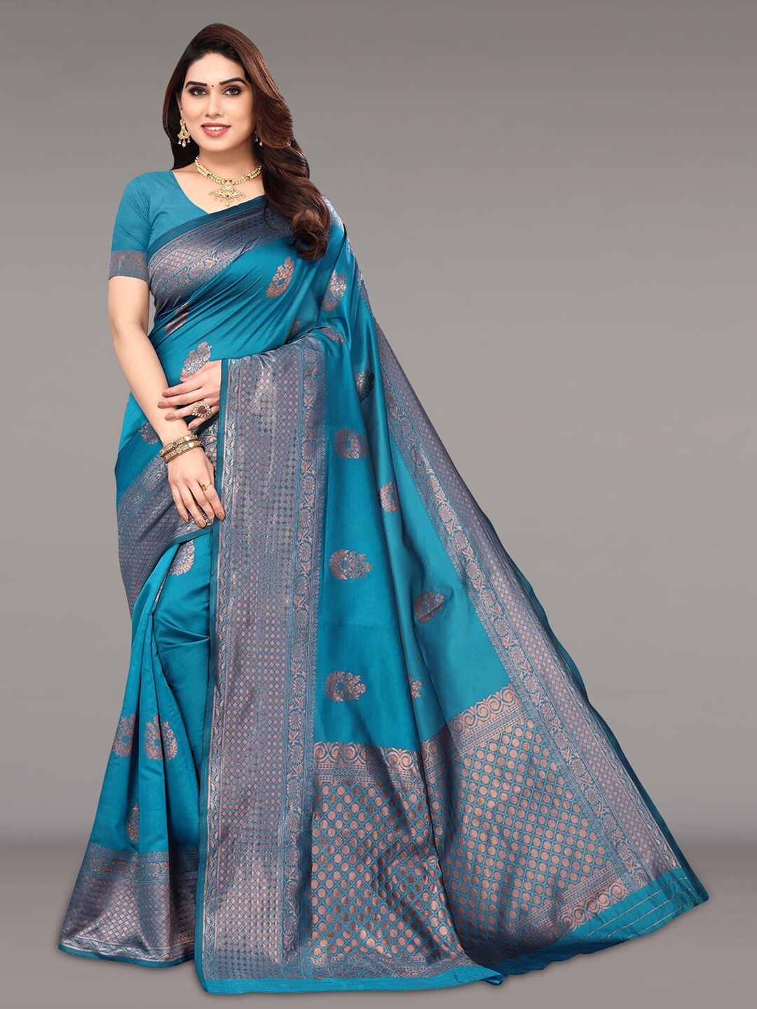 

Pisara Floral Woven Design Zari Silk Cotton Saree, Teal