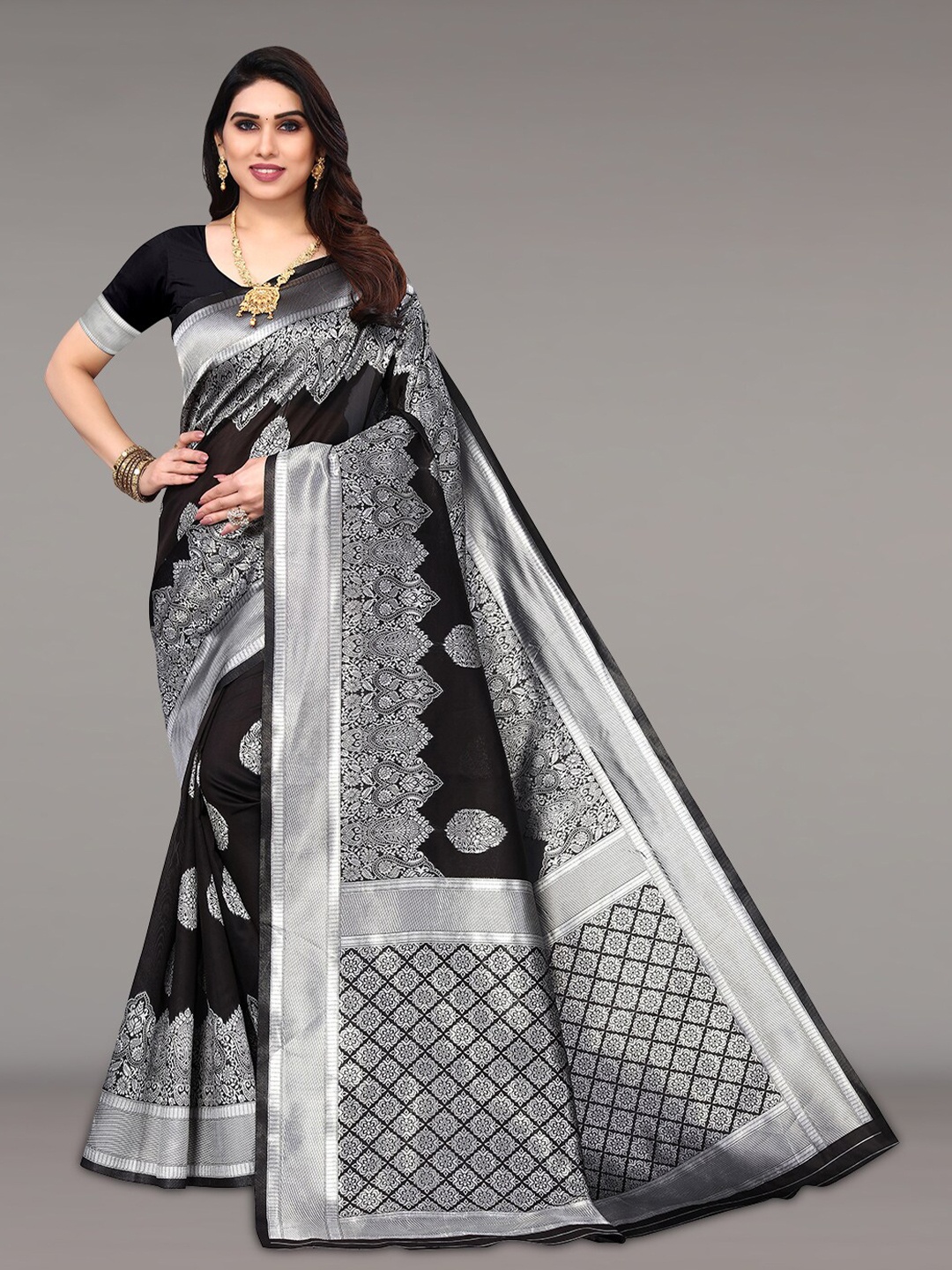 

Pisara Ethinic Motifs Woven Design Zari Silk Cotton Saree, Black