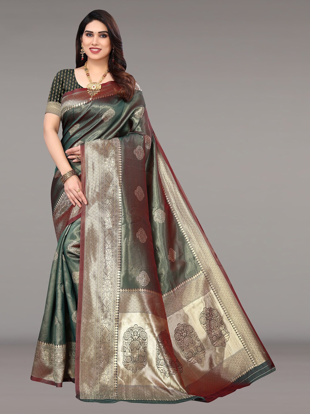 

Pisara Ethinic Motifs Woven Design Zari Silk Cotton Banarasi Saree, Green