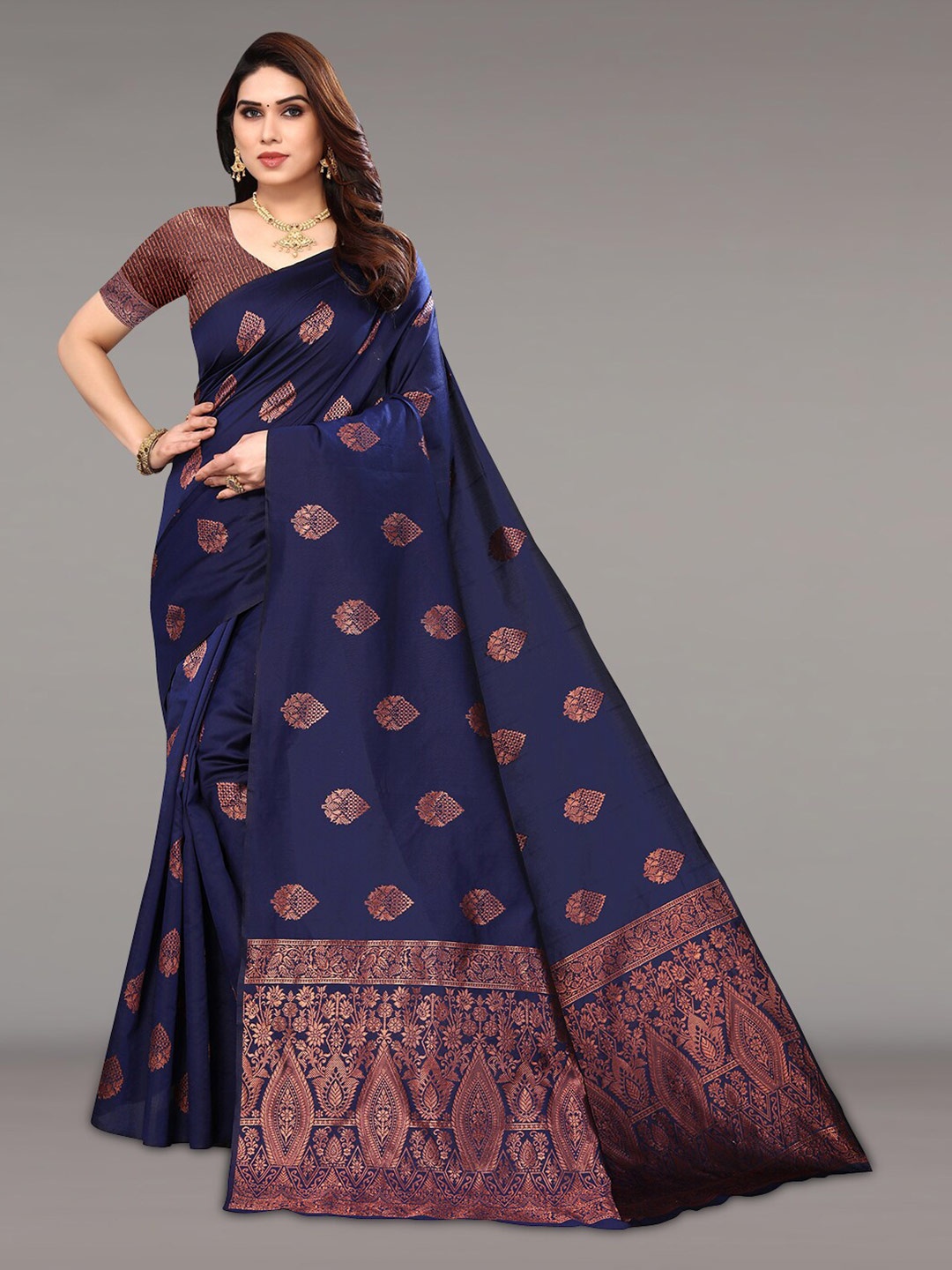 

Pisara Ethnic Motifs Woven Design Zari Silk Cotton Saree, Navy blue