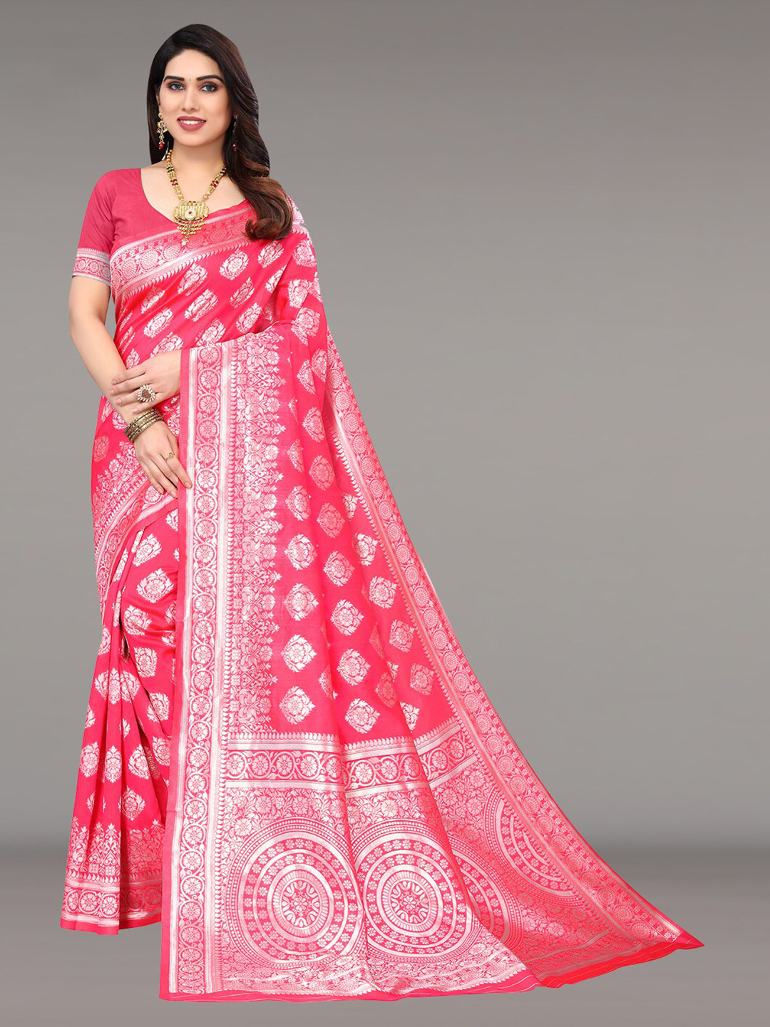 

Pisara Floral Motifs Woven Design Zari Silk Cotton Banarasi Saree, Pink