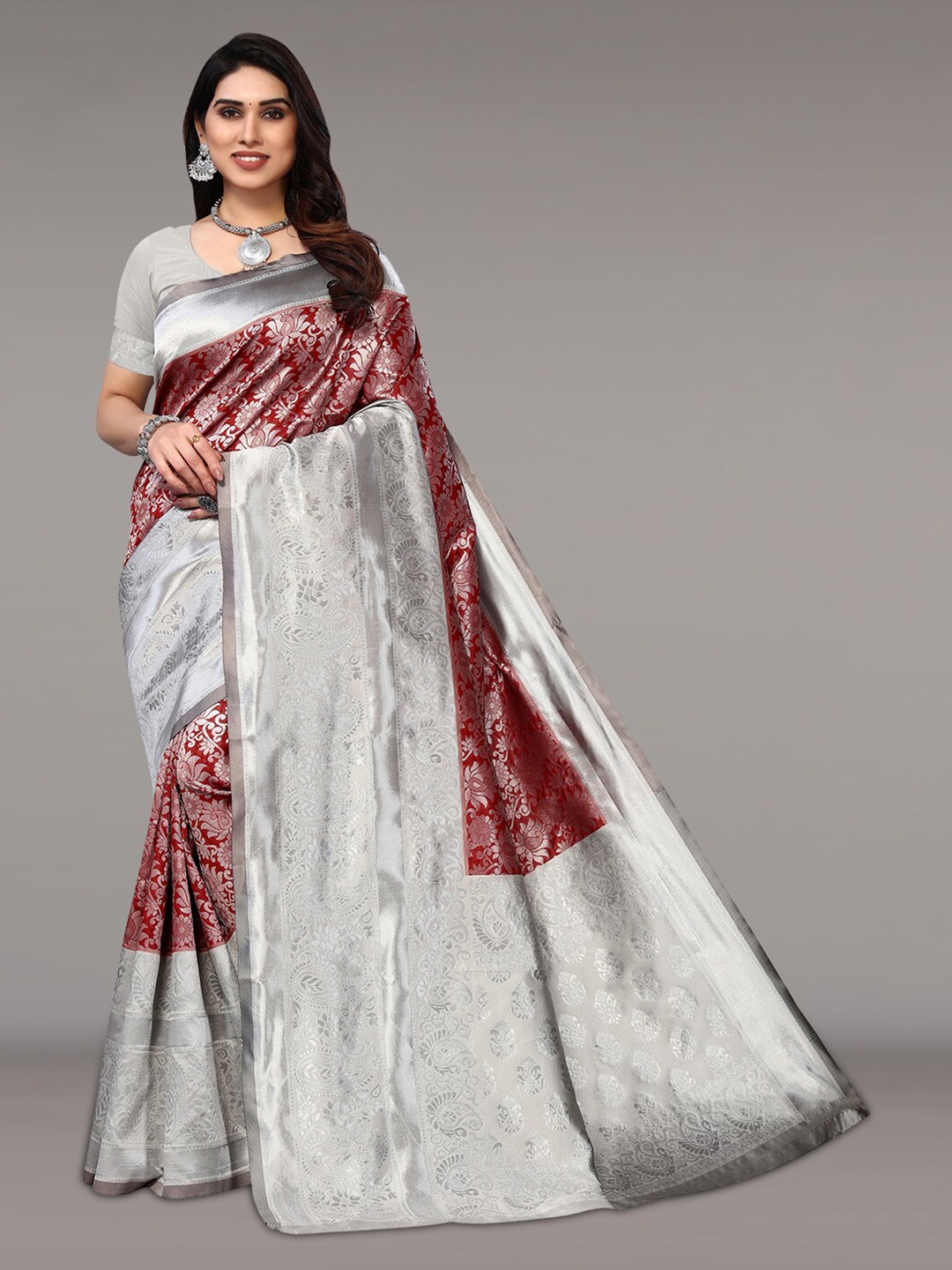 

Pisara Floral Woven Design Zari Silk Cotton Saree, Red