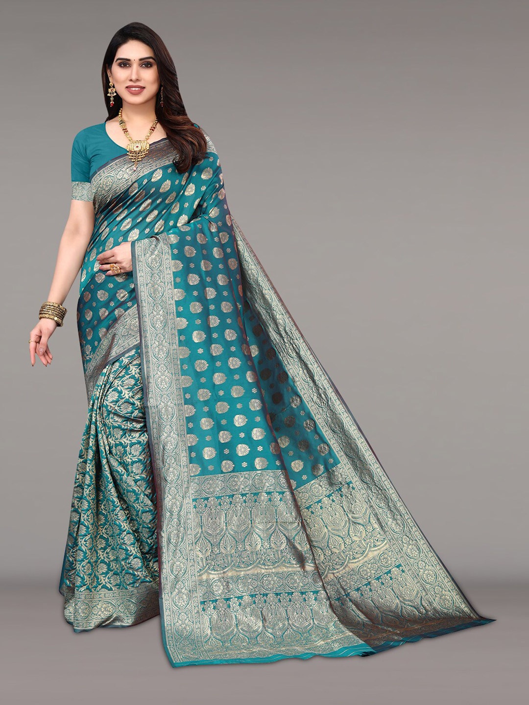 

Pisara Ethnic Motifs Woven Design Zari Silk Cotton Banarasi Saree, Teal