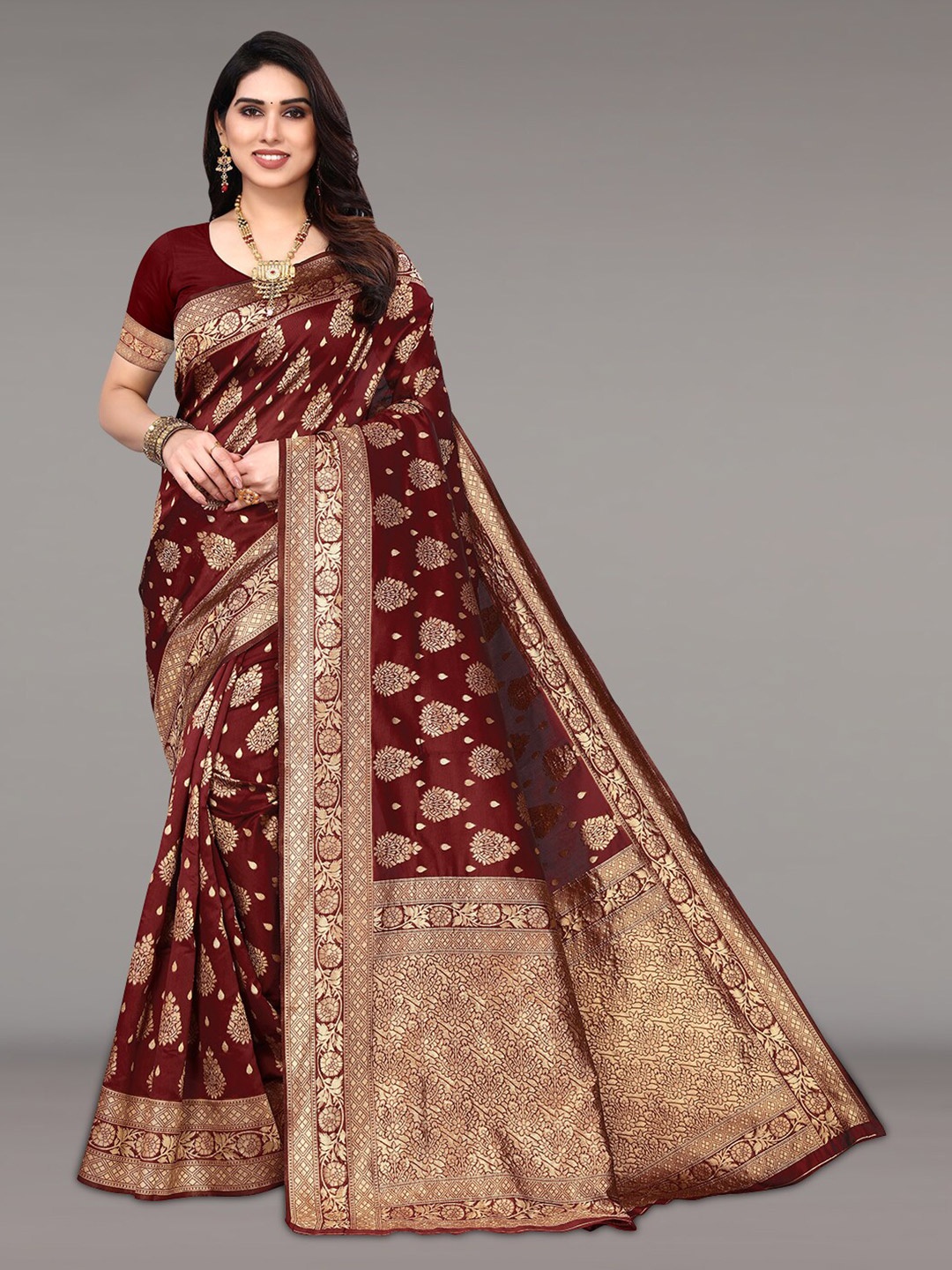 

Pisara Ethnic Motif Woven Design Zari Silk Cotton Saree, Brown