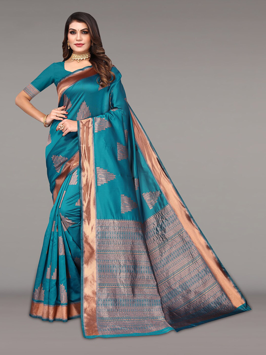 

Pisara Ethnic Motif Woven Design Zari Silk Cotton Banarasi Saree, Teal