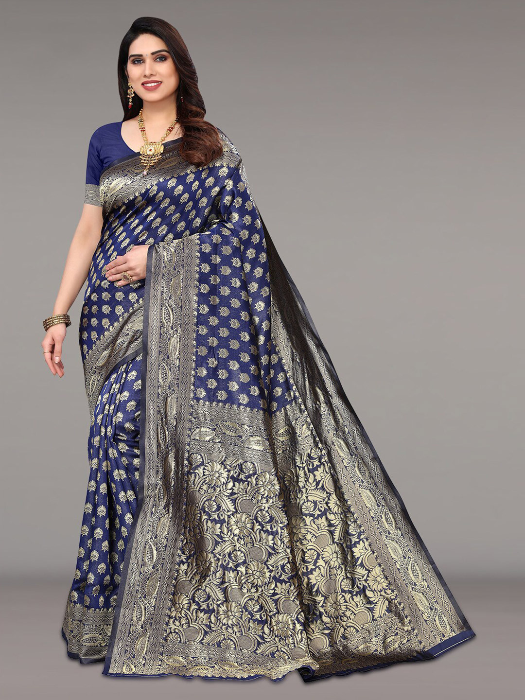 

Pisara Ethnic Motif Woven Design Zari Silk Cotton Saree, Navy blue