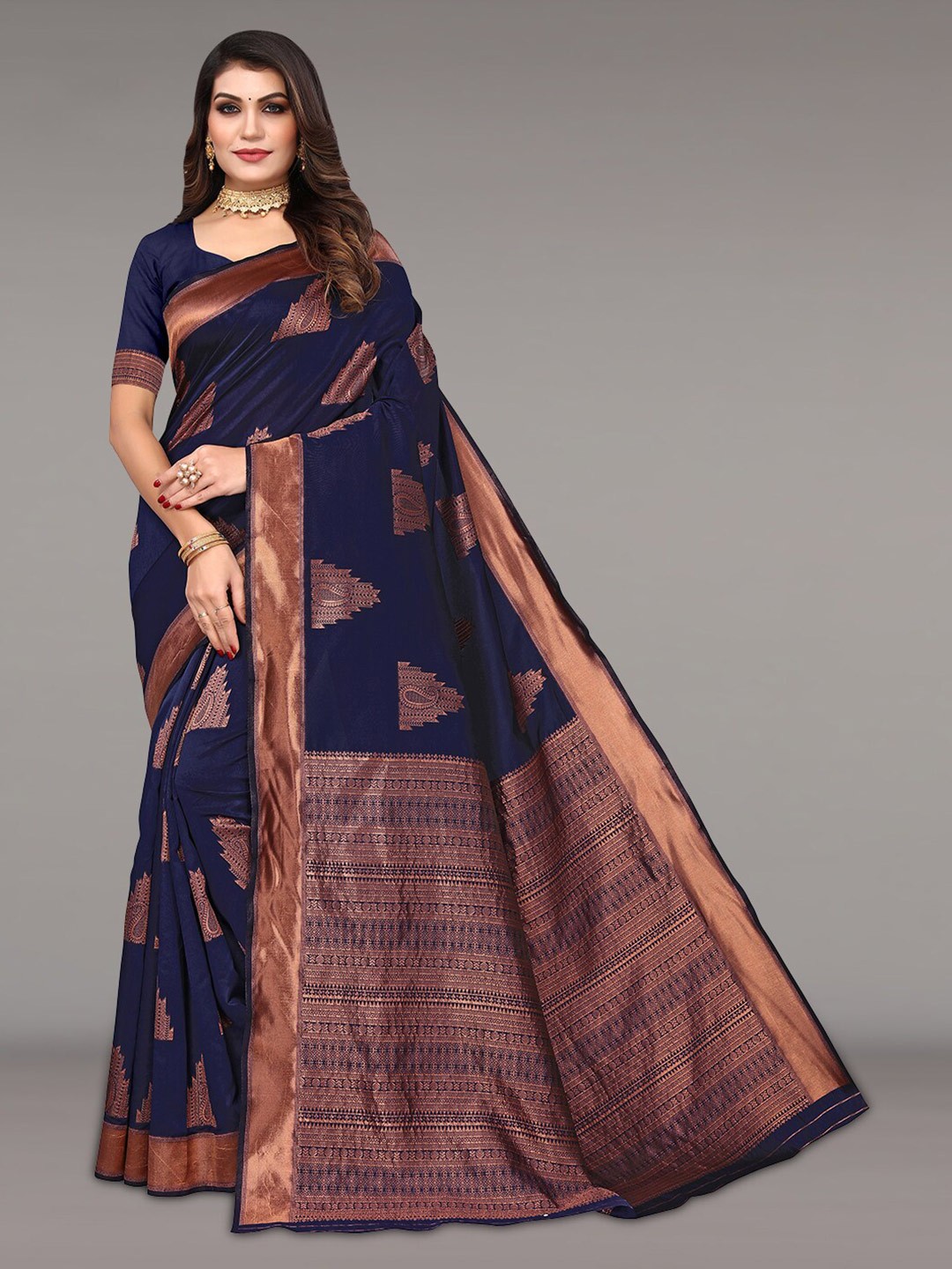 

Pisara Ethnic Motif Woven Design Zari Silk Cotton Banarasi Saree, Navy blue