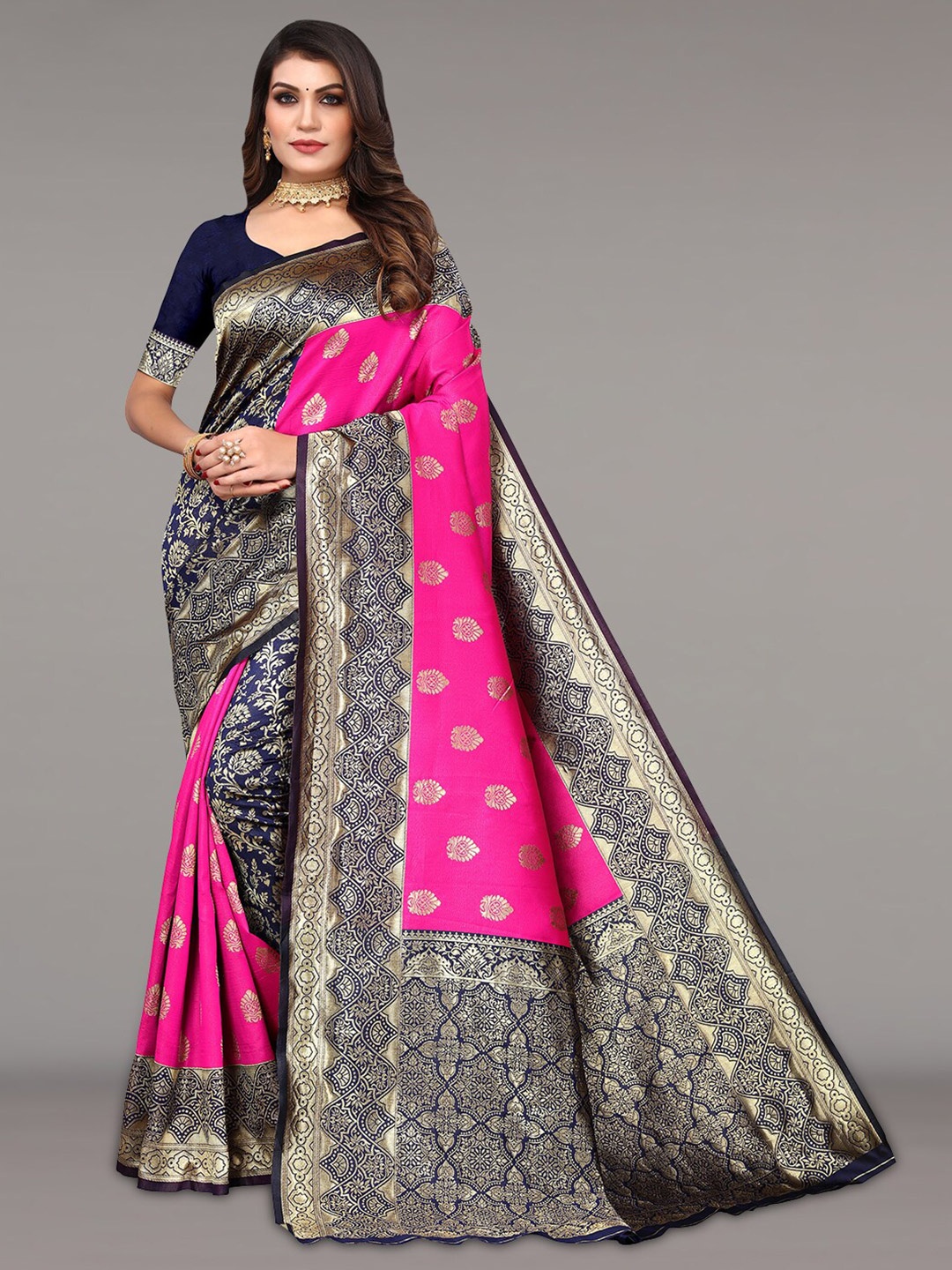 

Pisara Ethnic Motif Woven Design Zari Silk Cotton Banarasi Saree, Pink