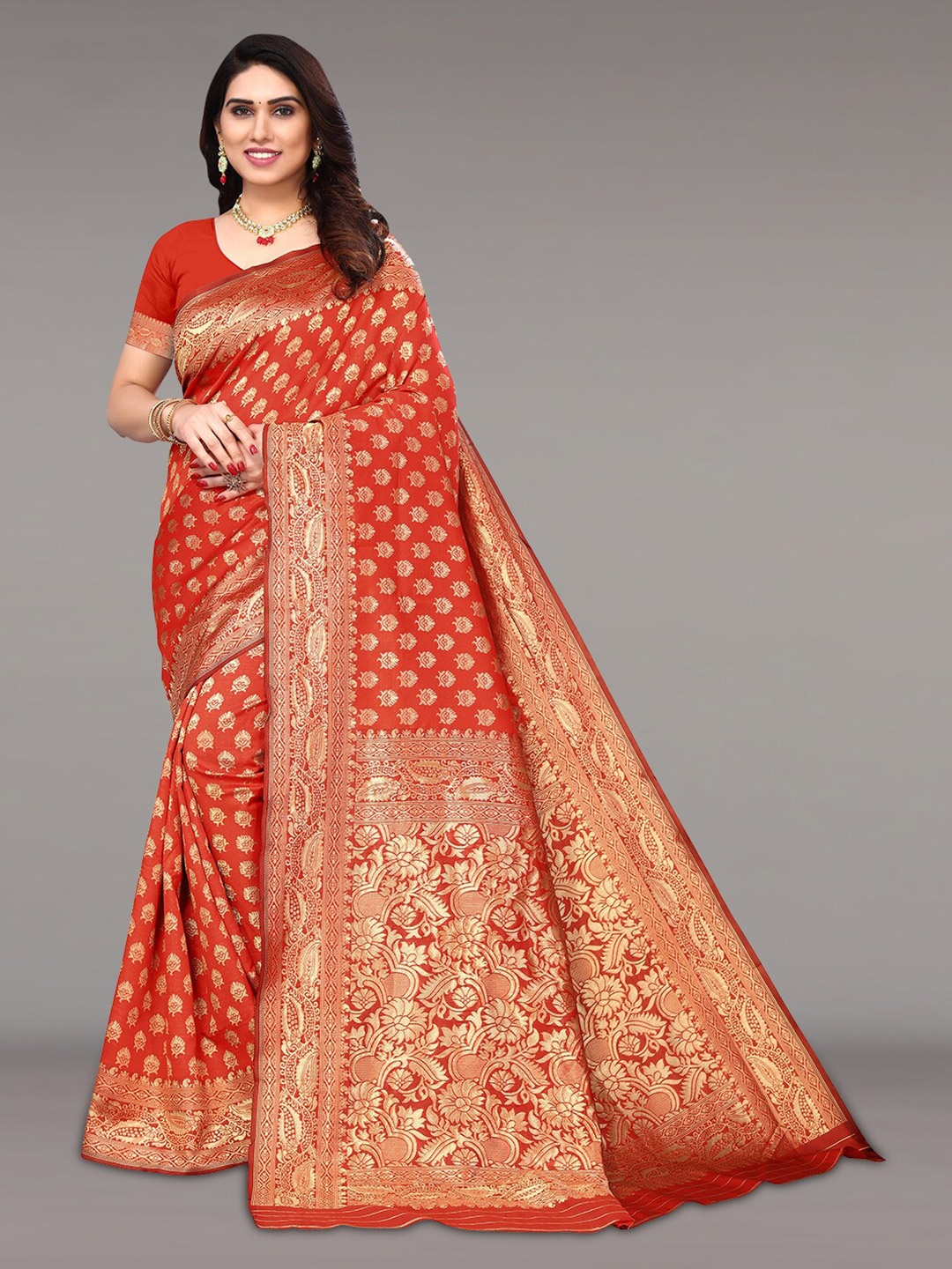 

Pisara Ethnic Motif Woven Design Zari Silk Cotton Saree, Orange