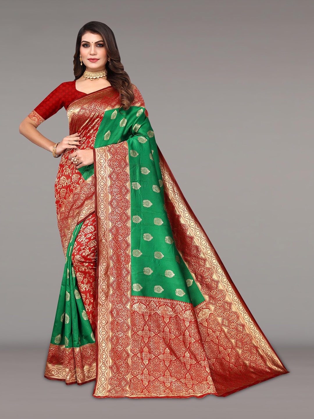 

Pisara Ethnic Motif Woven Design Zari Silk Cotton Banarasi Saree, Green