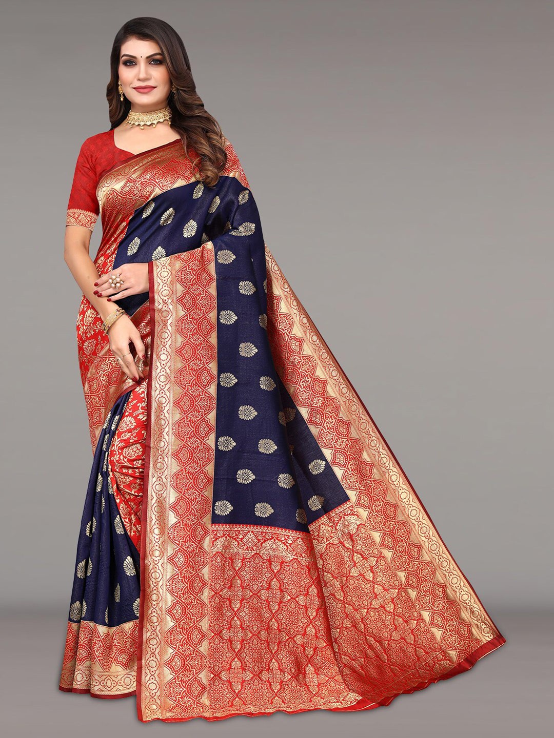 

Pisara Ethnic Motif Woven Design Zari Silk Cotton Banarasi Saree, Navy blue