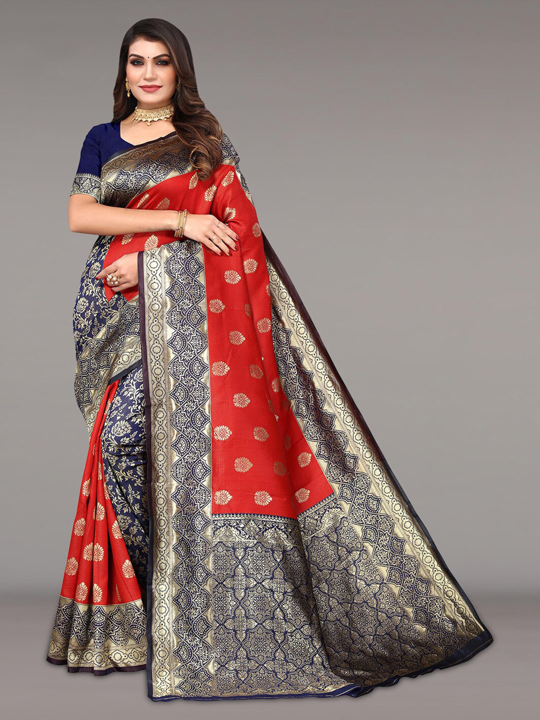 

Pisara Ethnic Motif Woven Design Zari Silk Cotton Banarasi Saree, Red