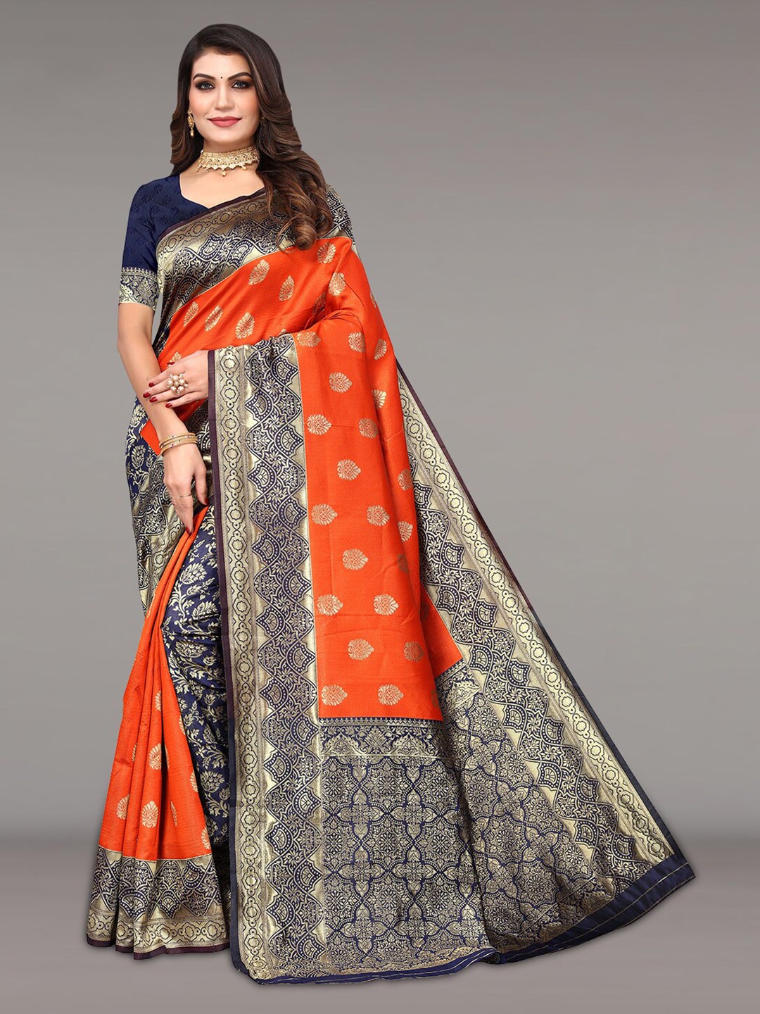 

Pisara Ethnic Motif Woven Design Zari Silk Cotton Banarasi Saree, Orange
