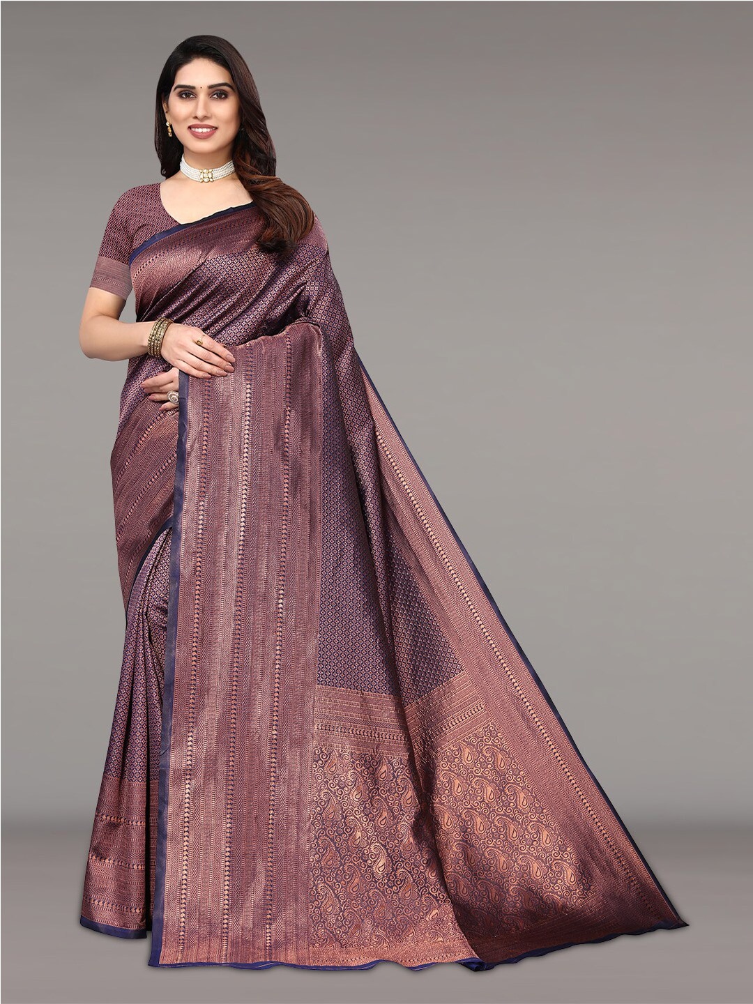 

Pisara Ethnic Motif Woven Design Zari Silk Cotton Banarasi Saree, Navy blue