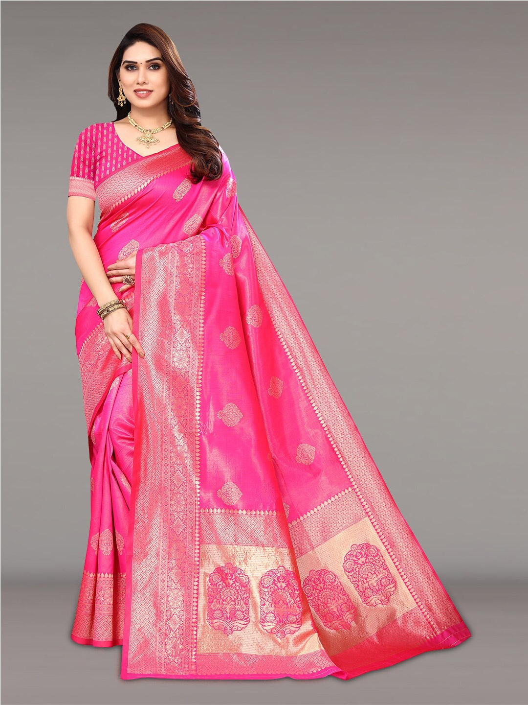 

Pisara Ethnic Motif Woven Design Zari Silk Cotton Banarasi Saree, Pink