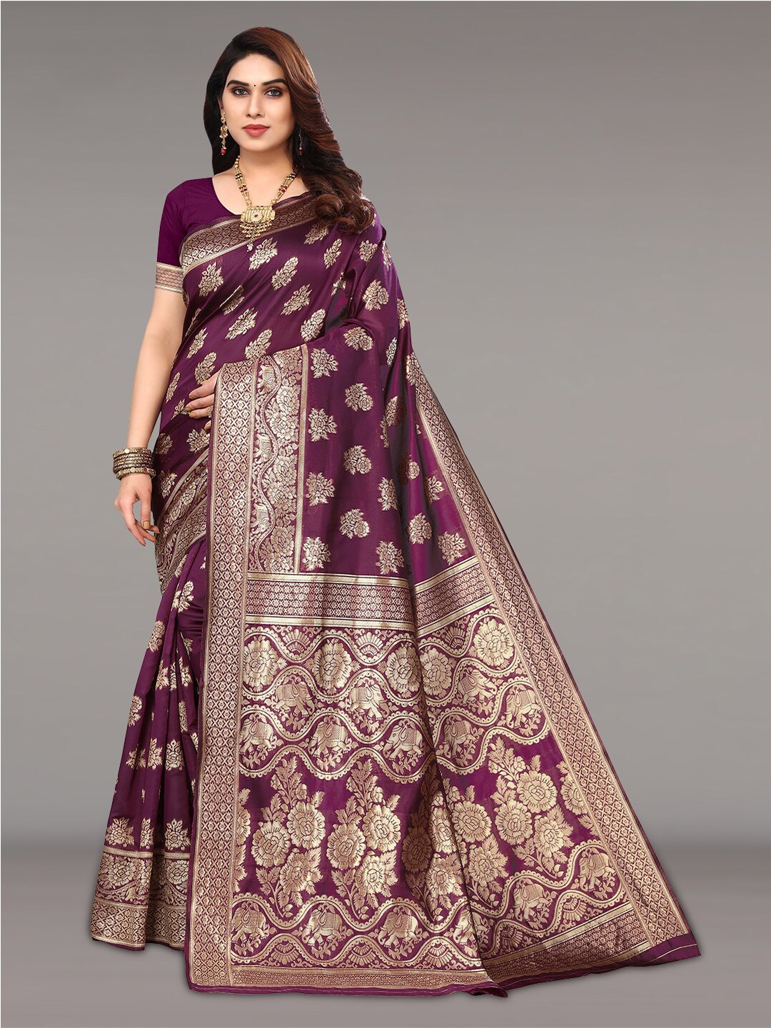 

Pisara Ethnic Motif Zari Silk Cotton Banarasi Saree, Purple