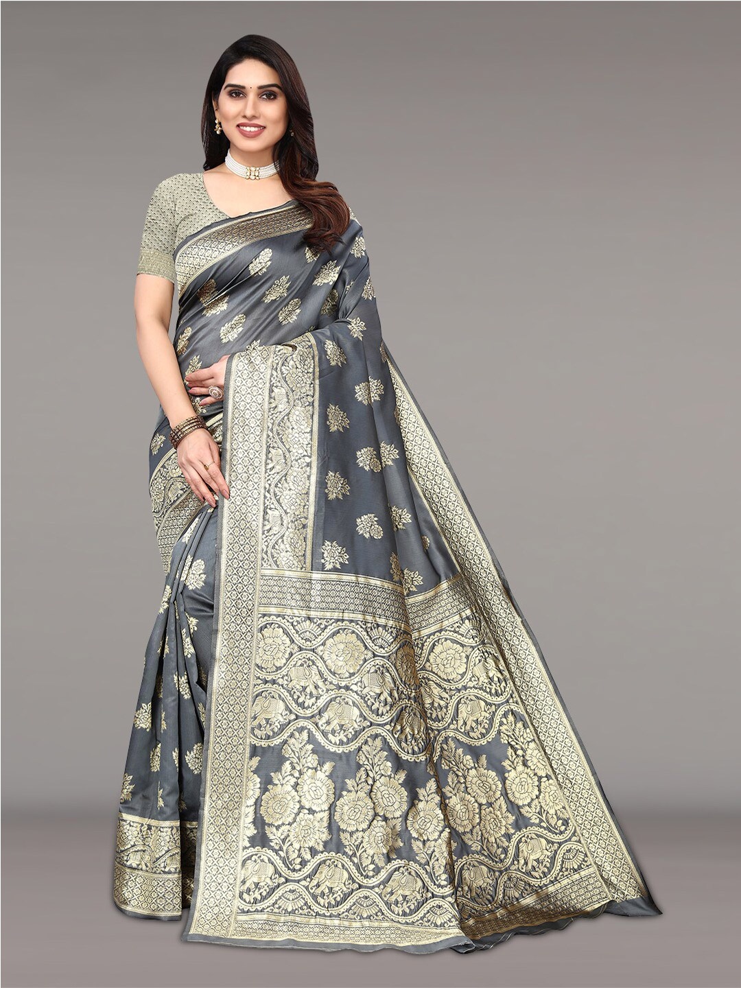 

Pisara Ethnic Motif Zari Silk Cotton Banarasi Saree, Grey