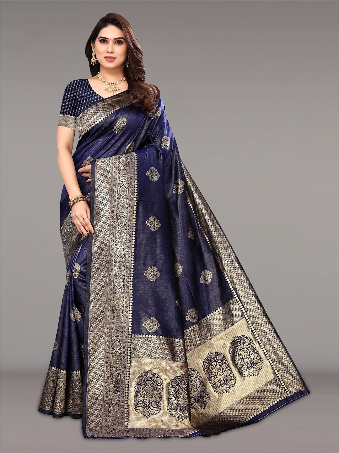 

Pisara Ethnic Motif Zari Silk Cotton Banarasi Saree, Navy blue