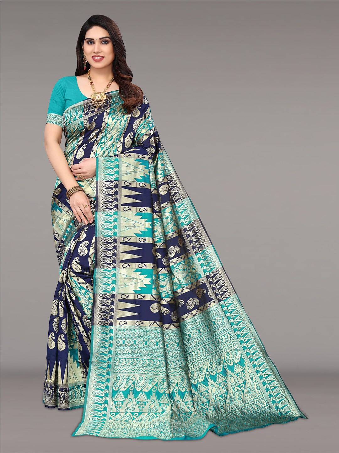 

Pisara Paisley Woven Zari Silk Cotton Saree, Teal