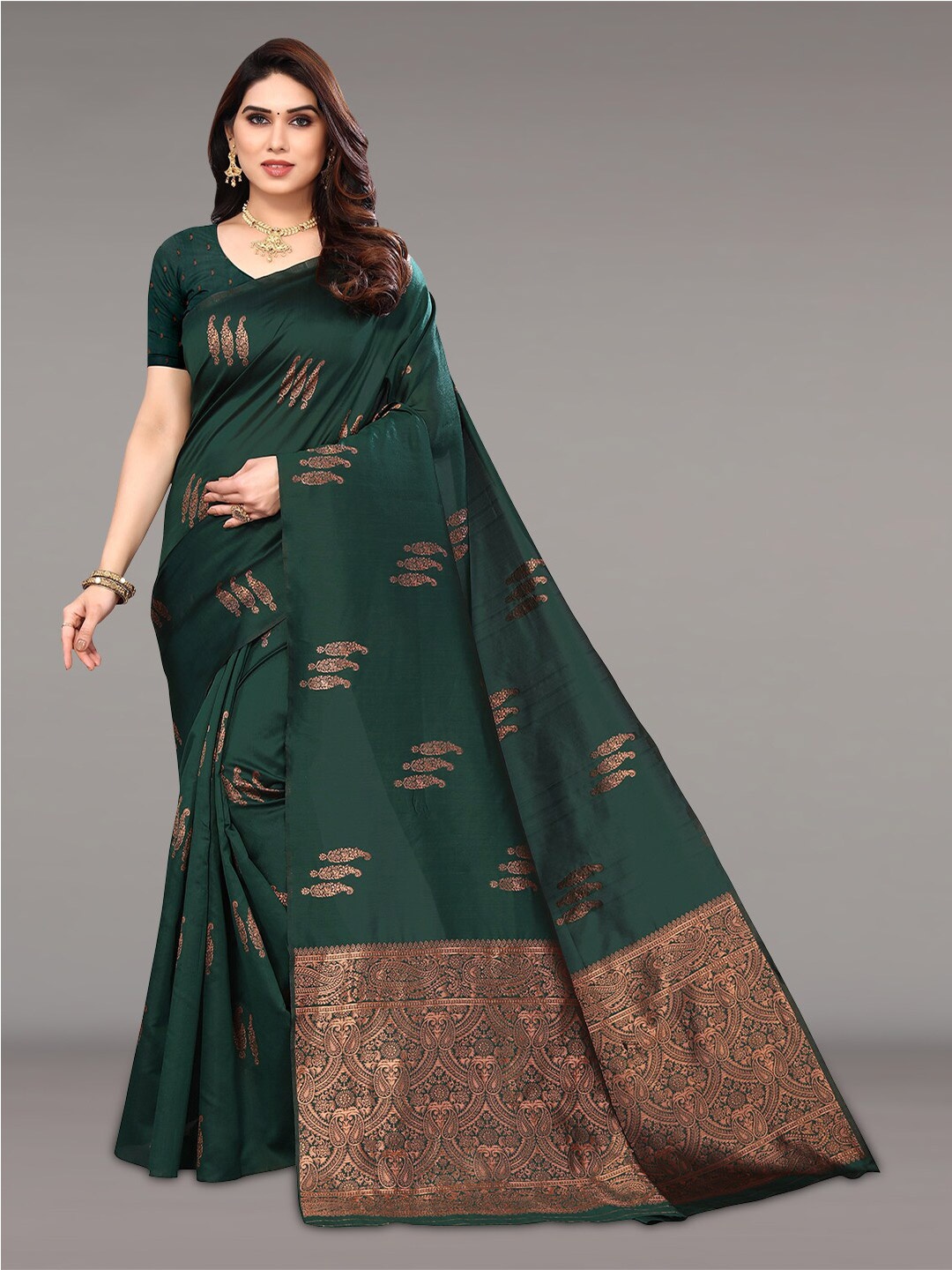 

Pisara Ethnic Motifs Woven Design Zari Silk Cotton Saree, Green