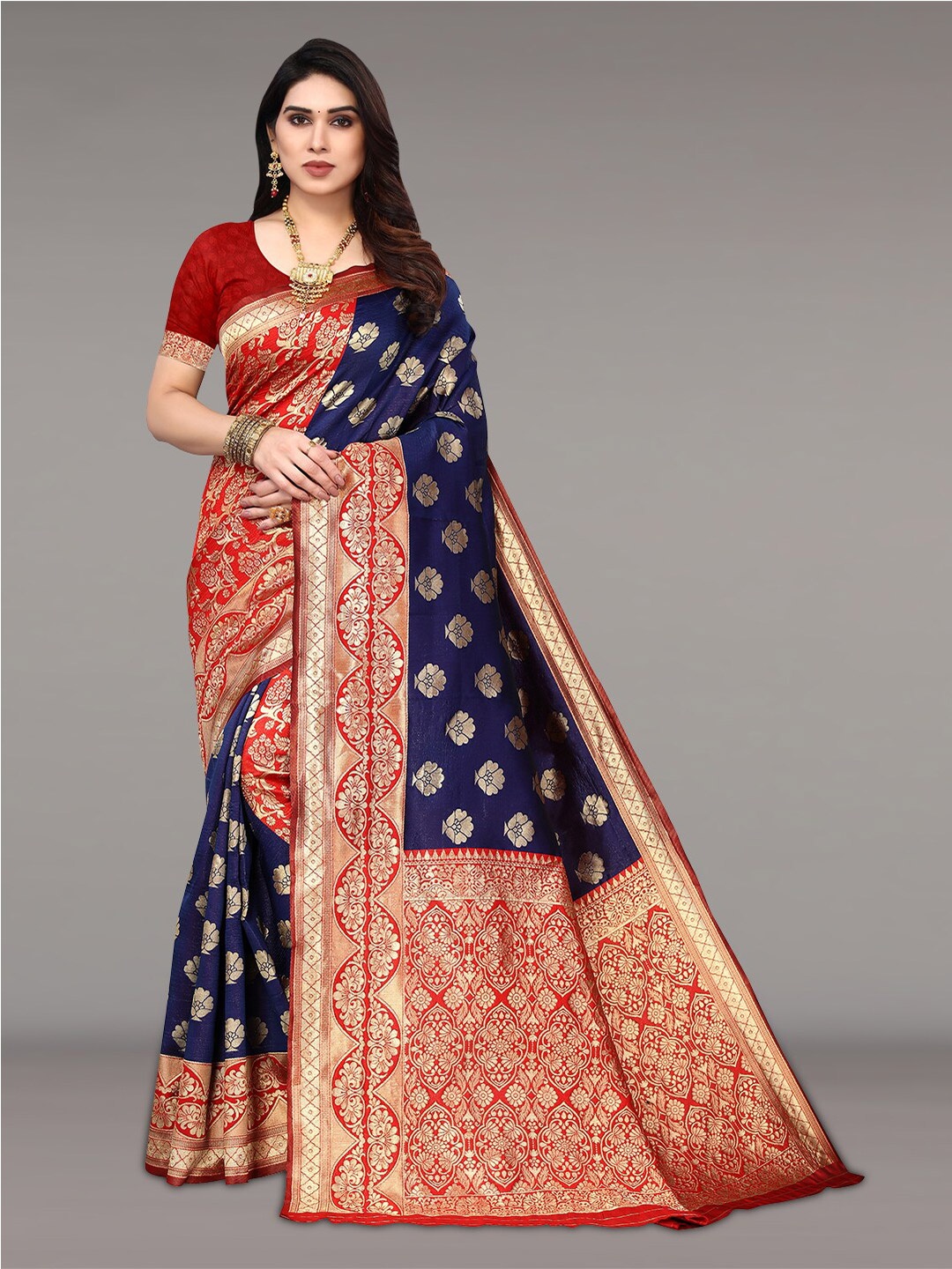 

Pisara Ethnic Motifs Woven Design Zari Silk Cotton Saree, Navy blue