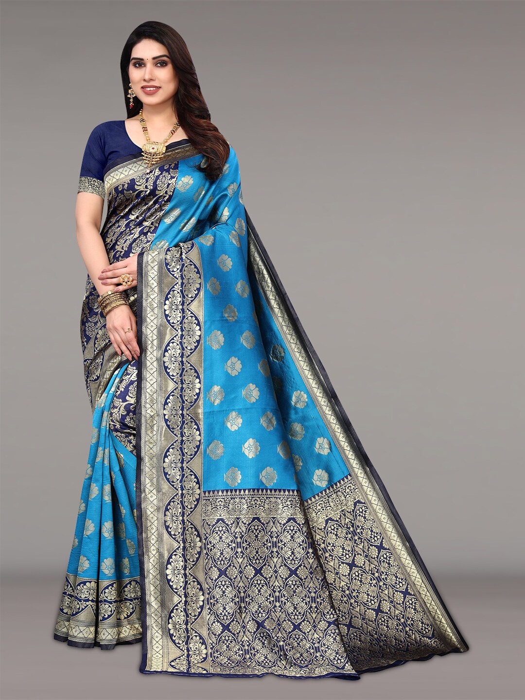 

Pisara Floral Woven Design Zari Silk Cotton Saree, Turquoise blue