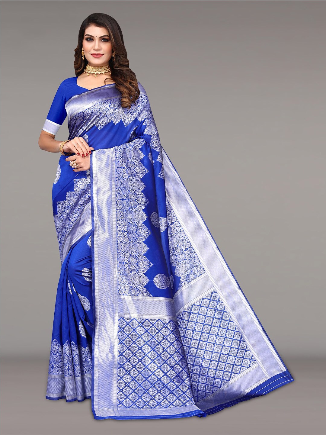 

Pisara Ethnic Motifs Woven Design Zari Silk Cotton Banarasi Saree, Blue