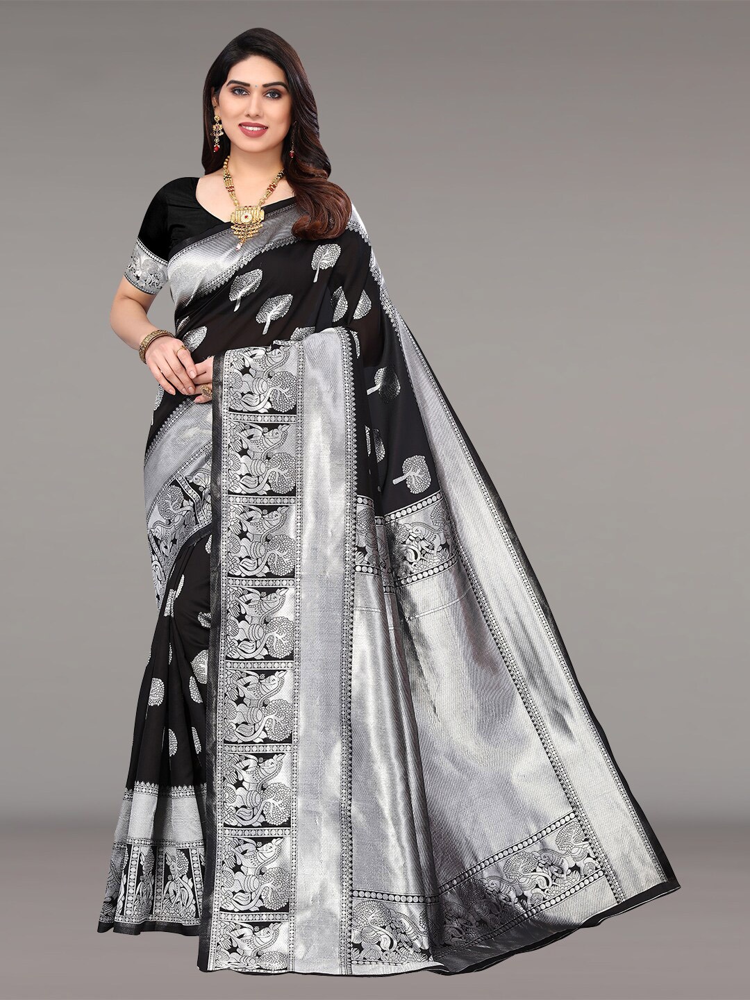 

Pisara Ethnic Motifs Woven Design Zari Silk Cotton Saree, Black