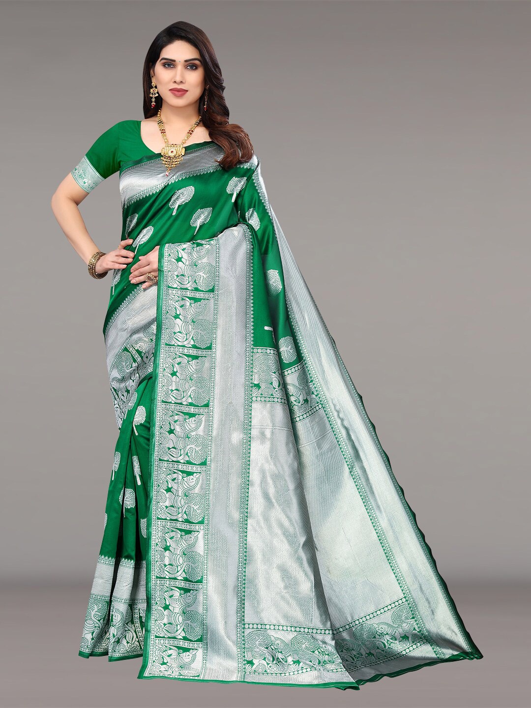 

Pisara Ethnic Motifs Woven Design Zari Silk Cotton Saree, Green
