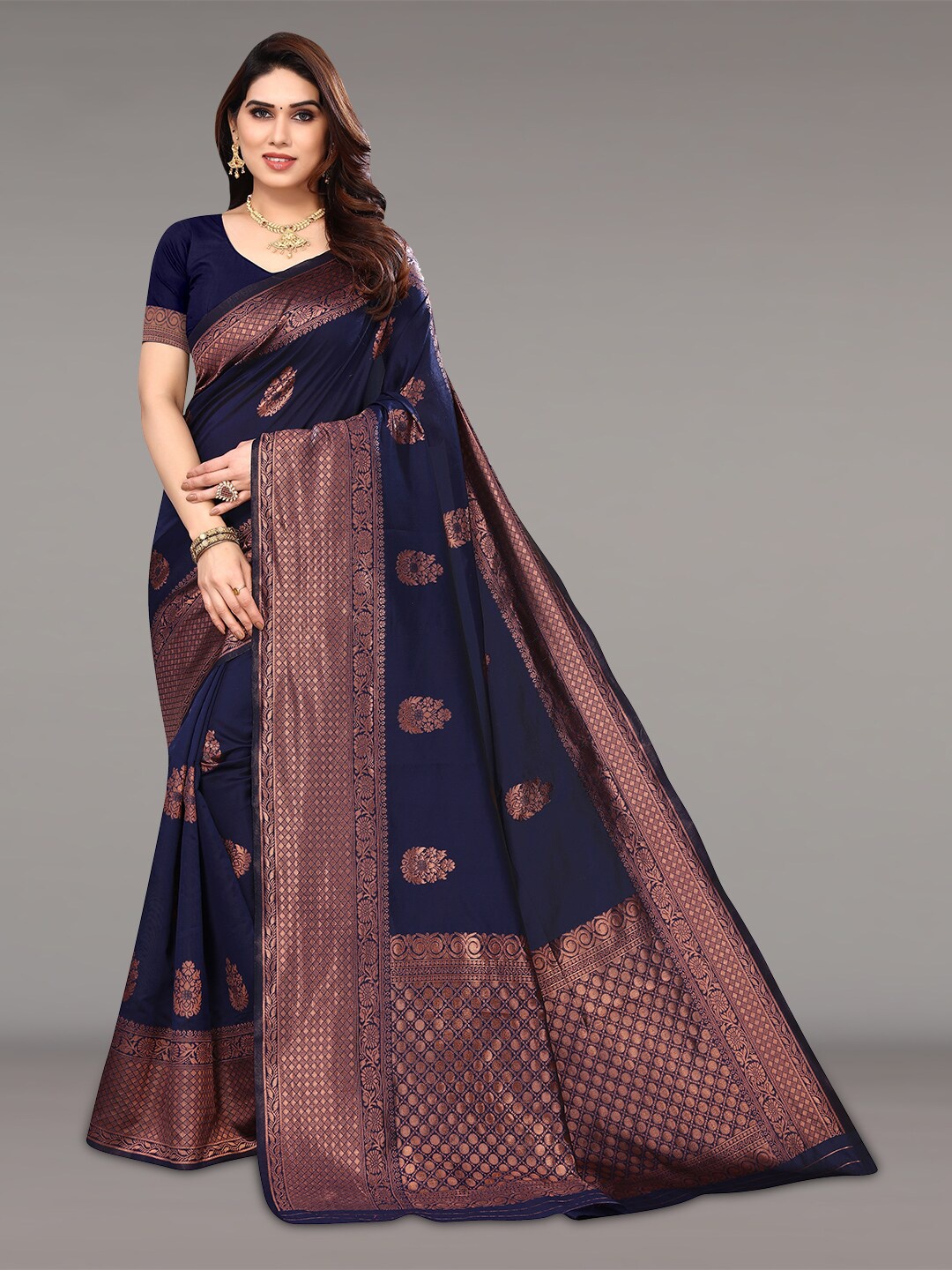 

Pisara Floral Woven Design Zari Silk Cotton Banarasi Saree, Navy blue