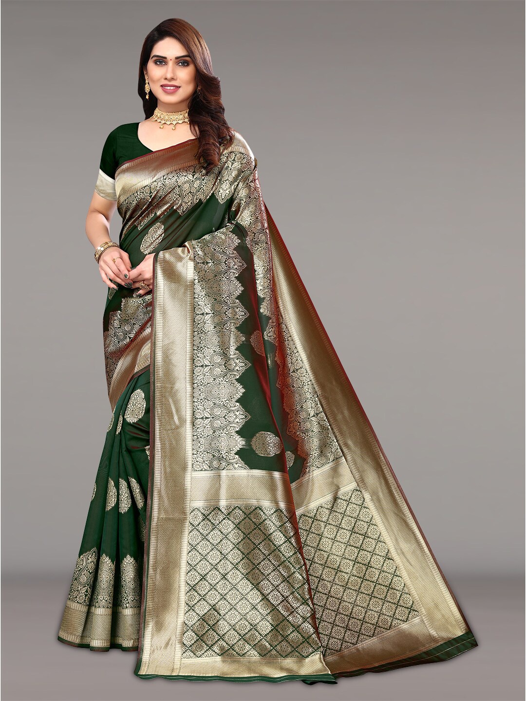 

Pisara Ethnic Motifs Woven Design Zari Silk Cotton Saree, Green