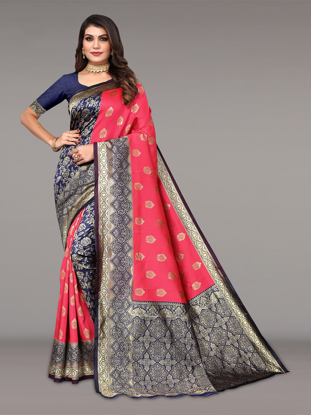 

Pisara Ethnic Motifs Woven Design Zari Silk Cotton Banarasi Saree, Pink
