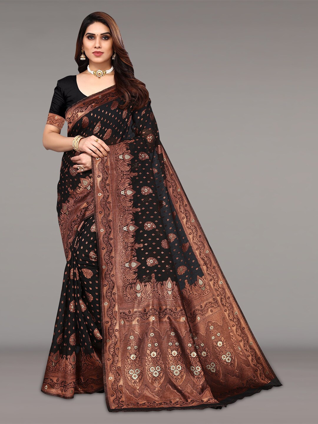 

Pisara Ethnic Motifs Woven Design Zari Silk Cotton Banarasi Saree, Black