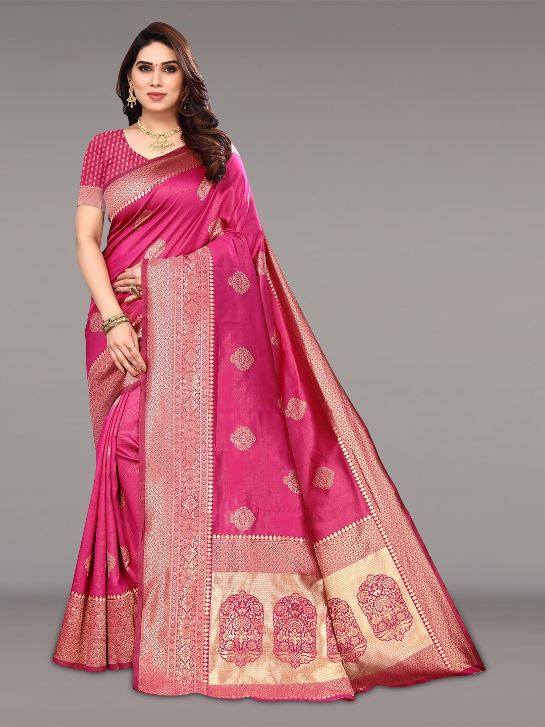 

Pisara Ethnic Motifs Woven Design Zari Silk Cotton Banarasi Saree, Pink