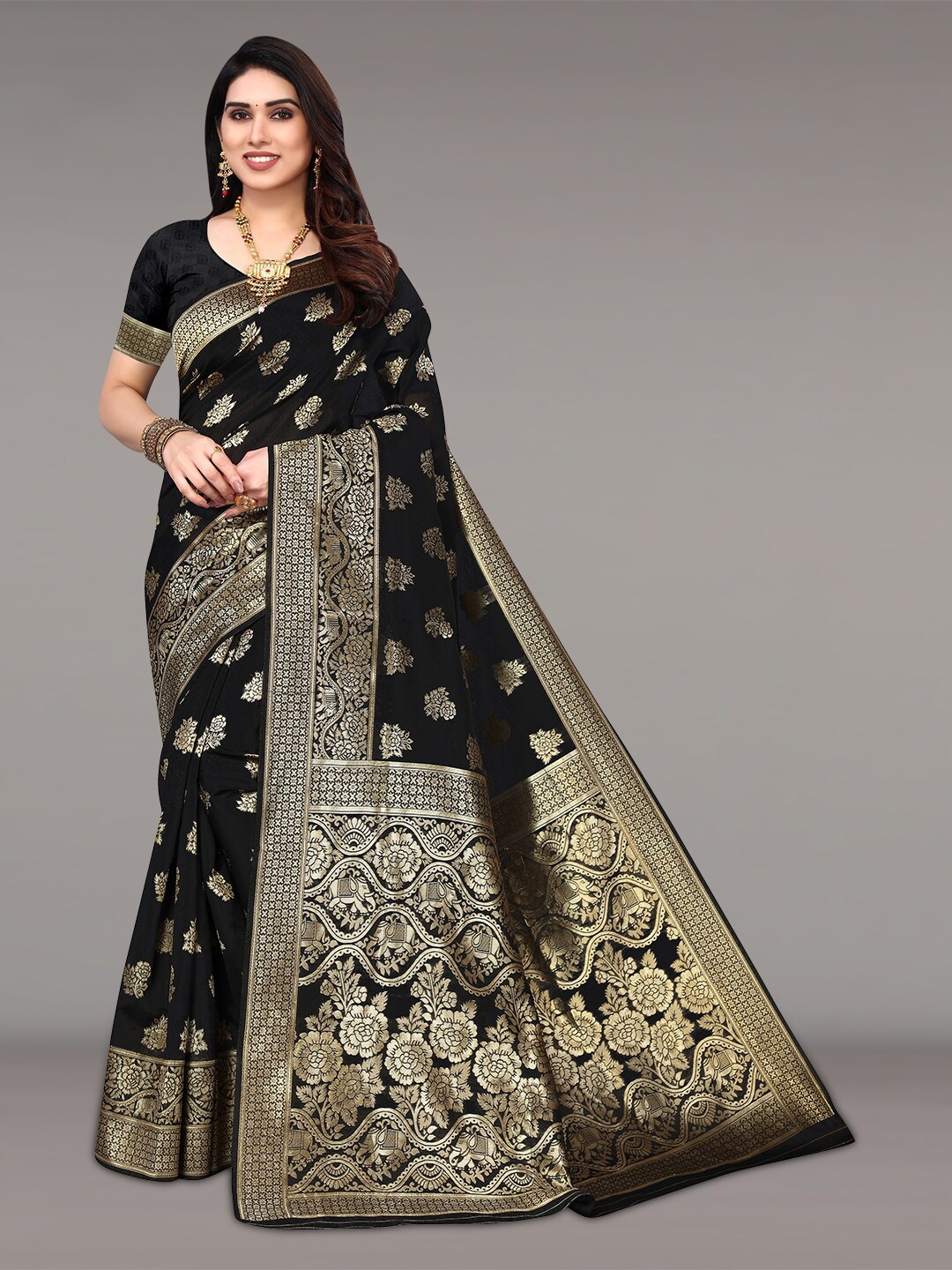 

Pisara Ethnic Motifs Woven Design Zari Silk Cotton Saree, Black