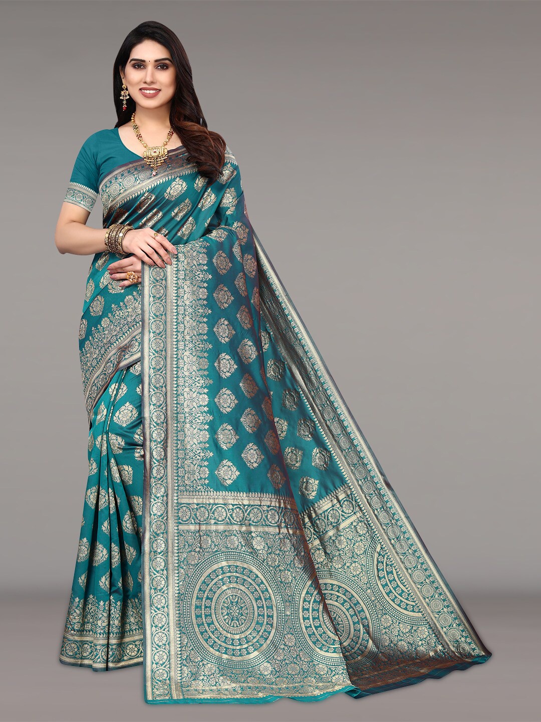 

Pisara Ethnic Motifs Woven Design Zari Silk Cotton Banarasi Saree, Teal