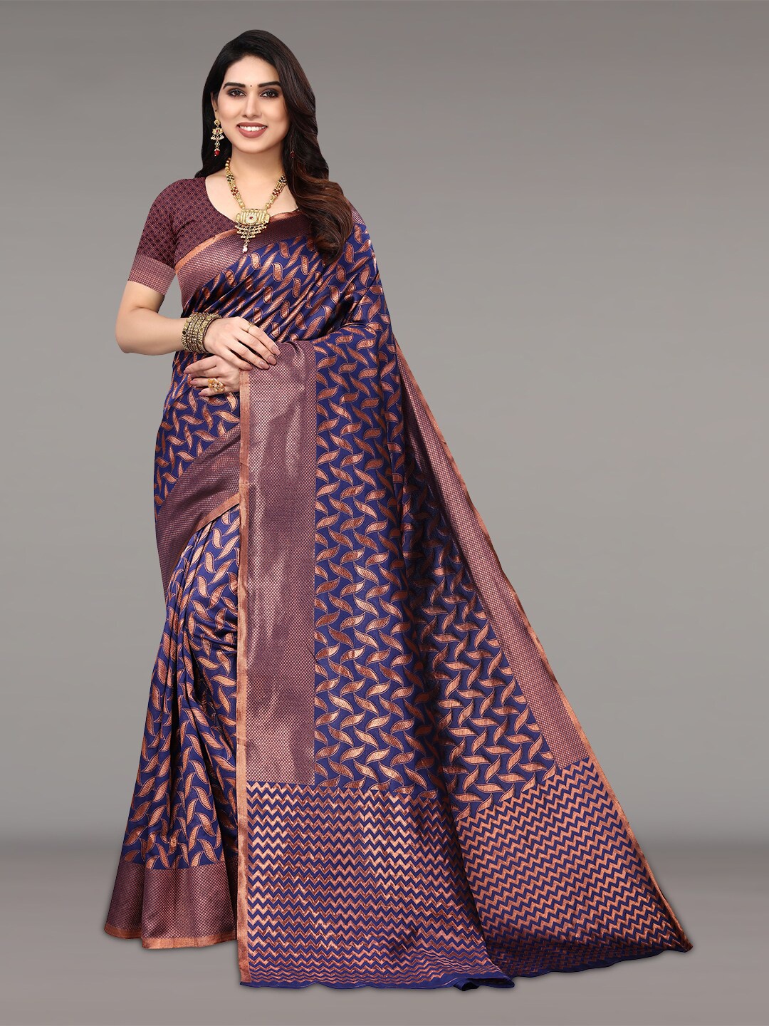 

Pisara Ethnic Motifs Woven Design Zari Silk Cotton Saree, Navy blue